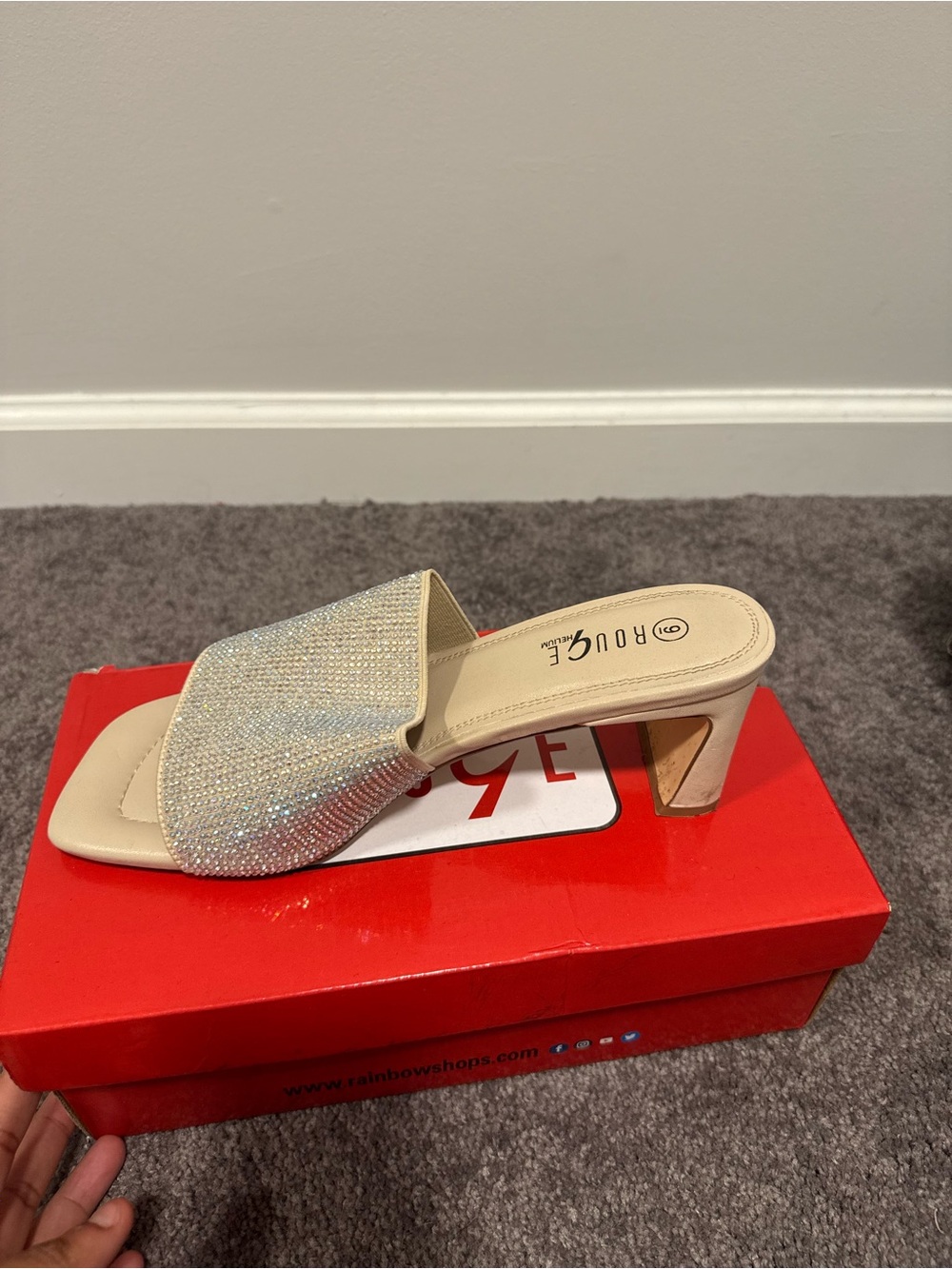 Rogue Crystal Embellished Slide Sandal in Beige